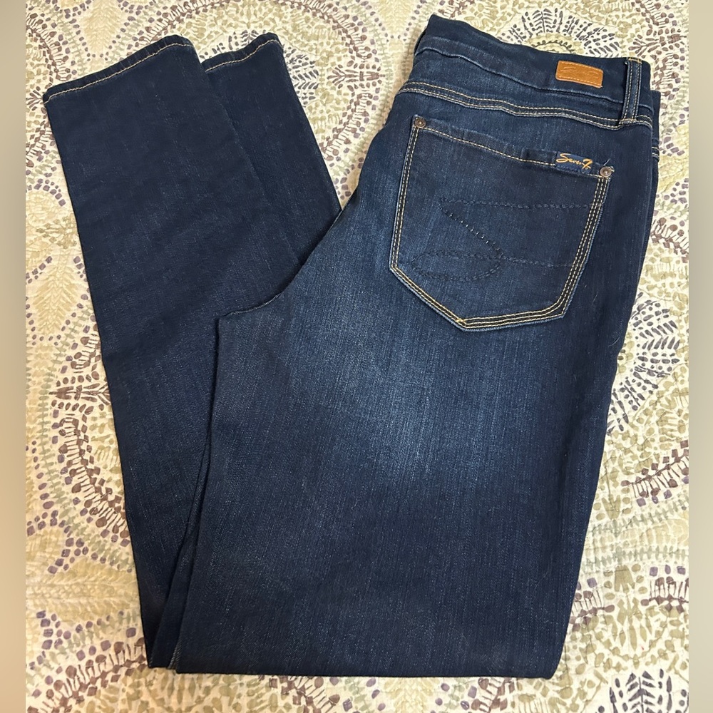 Seven7 Classic Blue Jeans with Gold Stitching-Tummyless High Rise Skinny-EUC
